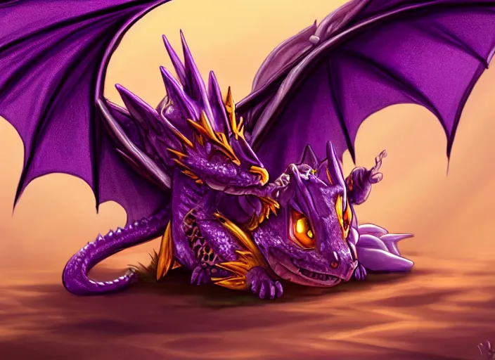 Prompt: A tiny cute purple and gold dragon lays down on its back, cute dragon relaxing, digital art, artstation