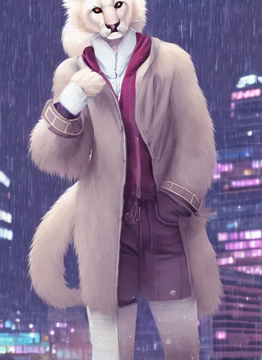 Image similar to character portrait of a male anthro albino mountain lion fursona with a cute beautiful attractive furry face wearing stylish clothes in a cyberpunk city at night while it rains. hidari, color page, tankoban, 4K, tone mapping, Akihiko Yoshida.
