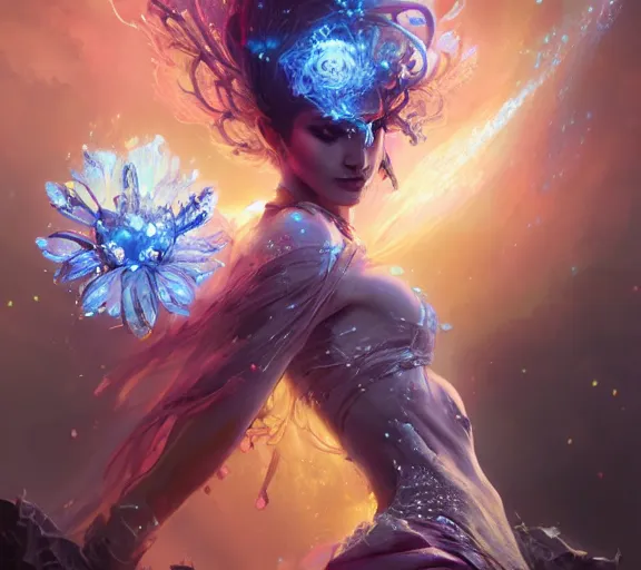 Image similar to beautiful girl necromancer covered with crystals exploding space, 3 d render, hyper realistic detailed portrait, holding magic flowers, ruan jia, wlop. scifi, fantasy, hyper detailed, octane render, concept art, peter mohrbacher