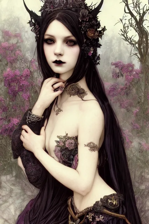 Image similar to beautiful and gothic and victorian and luxury and mythical young medieval dark princess portrait like blackpink lisa+smoky eyes+front face with light flowing hair, ultradetail face, art and illustration by tian zi and craig mullins and WLOP and alphonse mucha, fantasy, intricate complexity, human structure, human anatomy, fantasy character concept, watermark, blurry, hyperrealism 8k