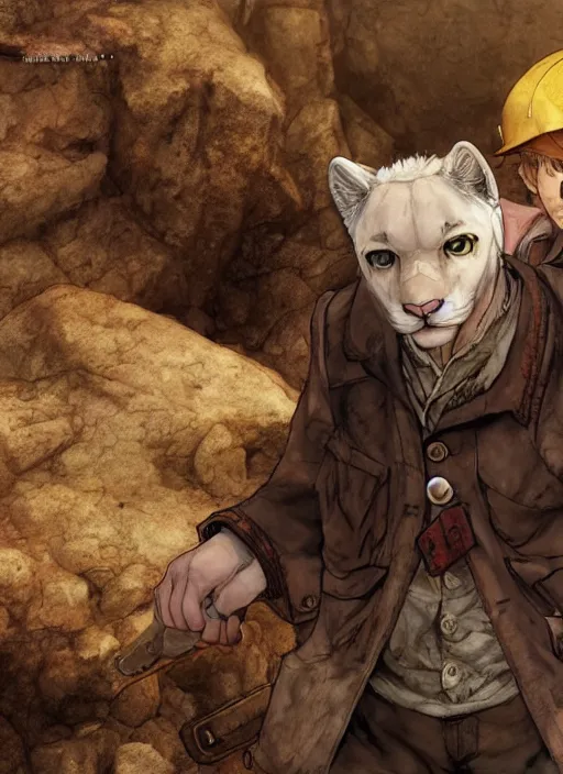 Prompt: character portrait of a man with an albino mountain lion's head wearing miner's clothes at the mines. hidari, color page, tankoban, 4K, tone mapping, Akihiko Yoshida.