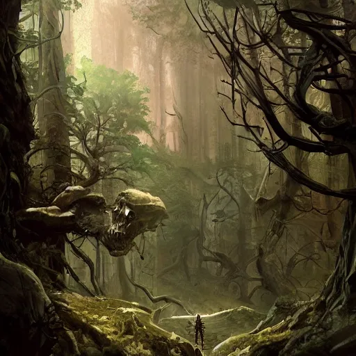 Prompt: a painting of a skeleton in a forest, a detailed matte painting by marc simonetti, behance contest winner, fantasy art, matte painting, concept art, matte drawing. masterpiece