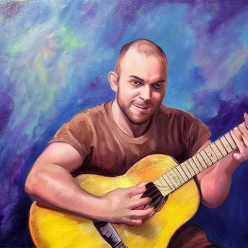 Image similar to andy mckee playing guitar, wonderful expressive portrait painting of youtube musician andy mckee doing his finger tap technique