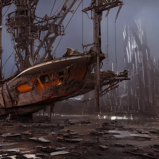 Image similar to apocalyptic, ruined future city. rusted future pirate ship with electronic thunders coming out. volumetric lighting, sharp focus, ultra detailed, cgsociety - w 1 0 2 4 - n 8 - i