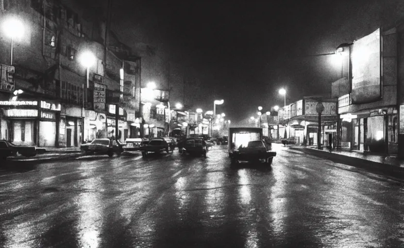 Image similar to 70s movie still of a soviet street from Sarajevo with cars and pedestrian , Cinestill 800t 18mm beuatiful black and white, heavy grainy picture, very detailed, high quality, 4k panoramic, cinematic, neon billboards and streetlight at night, rain, mud, foggy, cloudy