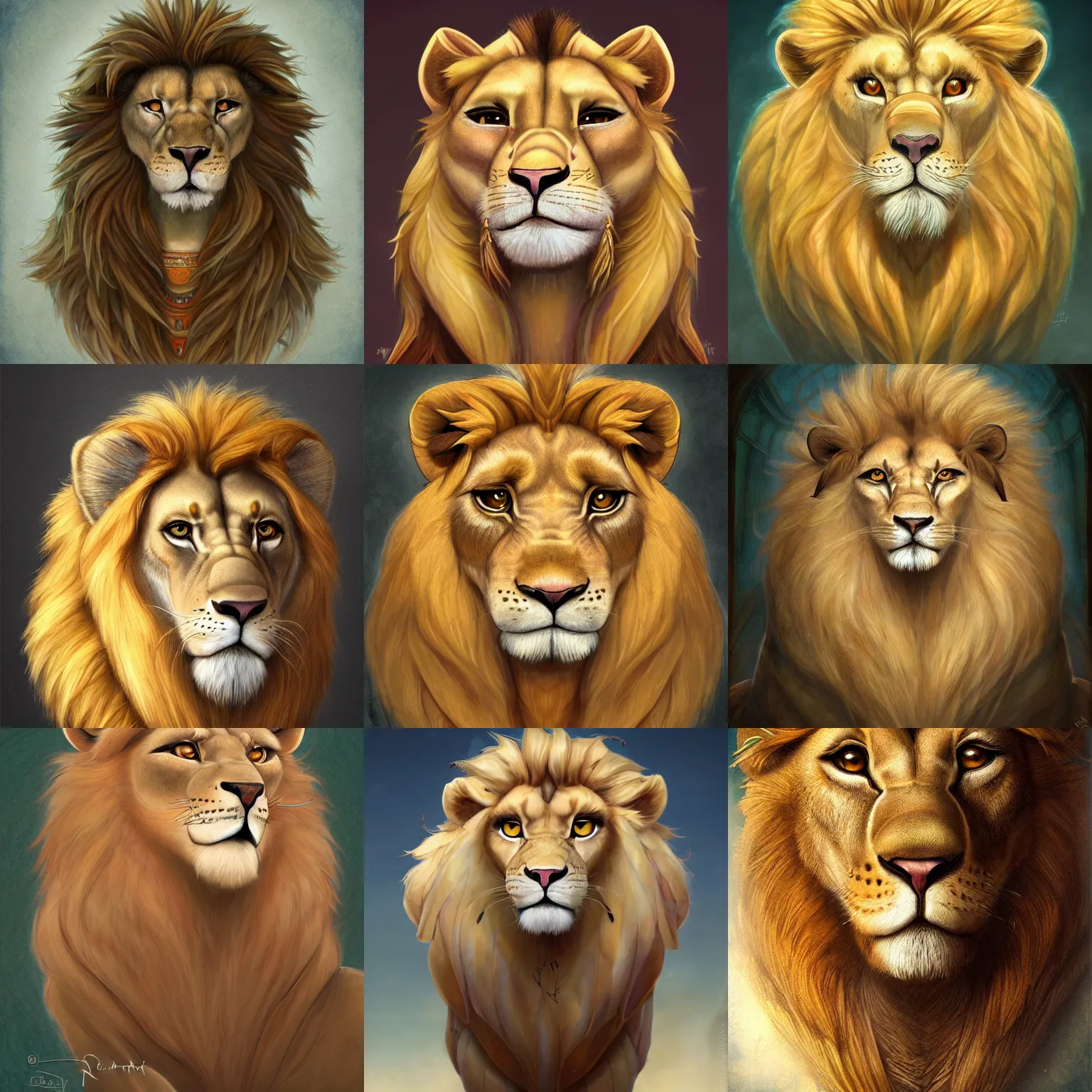 Prompt: beautiful semirealism portrait character design of an egyptian lion. deviantart adoptable, style of maple story and zootopia, portrait studio lighting by jessica rossier and brian froud in the style of disney, traditional