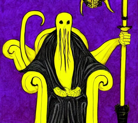 Image similar to eldritch king in yellow on his occult throne by mike winkelman