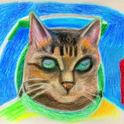 Image similar to An oil pastel drawing of an annoyed cat in a spaceship