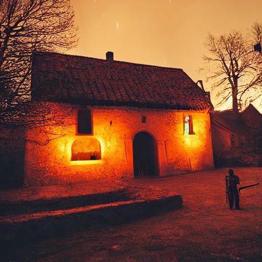 Image similar to a small medieval village at night time, orange glowing light filters out through the windows of the houses and a thin mist has settled around them, a lone guard stands watch armed with a spear and a flaming torch, dramatic, dark moody lighting, high quality