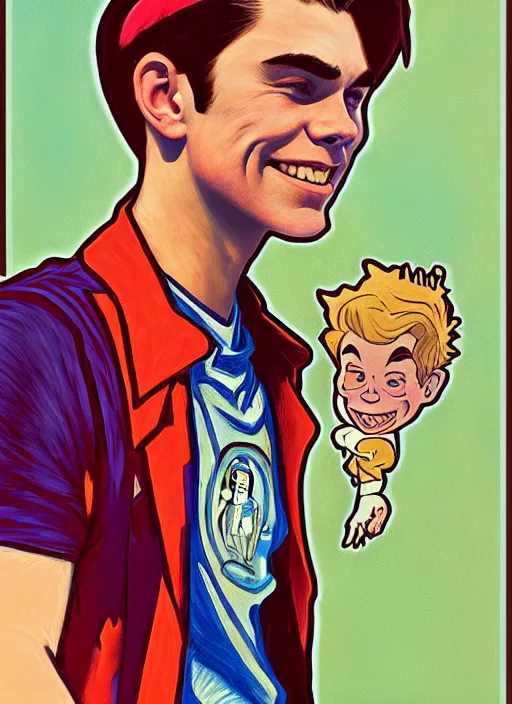 Prompt: ! dream oil portrait of archie andrews with a really small jughead jones on his shoulder, intricate, elegant, highly detailed, lighting, painting, artstation, smooth, illustration, art by greg rutowski and alphonse mucha