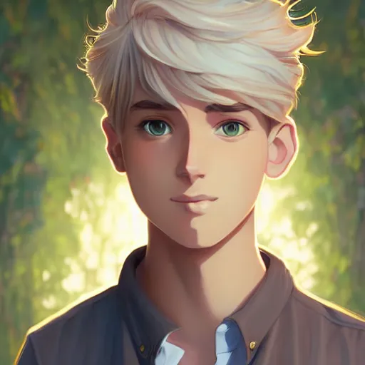 Prompt: young man with short, ash blond greyish hair, light brown eyes, casual clothes, path traced, highly detailed, high quality, digital painting, by don bluth and ross tran and studio ghibli and alphonse mucha, sylvain sarrailh