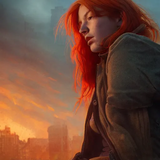 Prompt: fallout 5, charismatic beautiful rugged orange - haired female protagonist, portrait, outdoors ruined cityscape, atmospheric lighting, painted, intricate, volumetric lighting, beautiful, daytime, slight overcast weather, sharp focus, deep colours, ultra detailed, by leesha hannigan, ross tran, thierry doizon, kai carpenter, ignacio fernandez rios