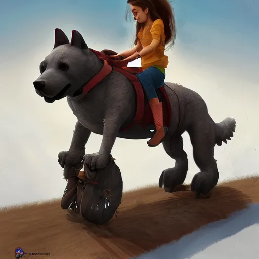 Image similar to girl riding a giant schanuzer dog at the park, trending on artstation