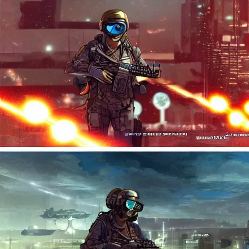 Image similar to Maria. USN special forces futuristic recon operator, cyberpunk headset, on patrol in the Australian neutral zone, deserted city landscape, skyline lit by flares. 2087. Concept art by James Gurney and Alphonso Mucha