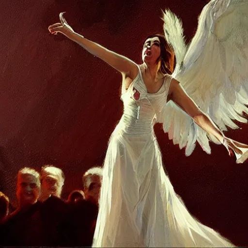 Image similar to Painting by Greg Rutkowski, an opera singer in a white dress with wings on stage