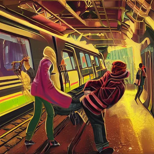 Image similar to fight between grandmas in the train moscow-ryazan, cyberpunk, neon, concept art