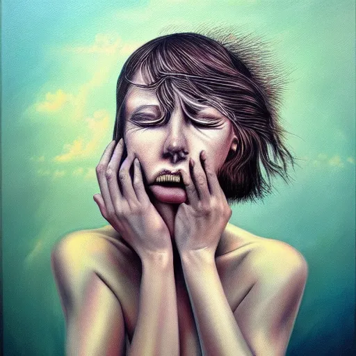 Image similar to highly detailed surrealist painting of deep sadness alone, expressive emotional sadness piece, trending on art station, abstract emotional sadness expression, very very very beautiful
