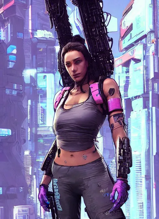 Prompt: apex legends cyberpunk fitness babe. concept art by james gurney and mœbius. gorgeous face, cinematic, dramatic lighting ( cyberpunk 2 0 7 7 ), clean aesthetic