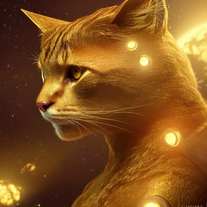 Prompt: very detailed portrait of a majestic golden cat, dressed in a spacesuit, sci - fi, futuristic, details, intricate, octane render, redshift, smooth, illustration, fairy lighting, stars and planets in the background, hyperrealistic, by dmitry prozorov, loish, and wlop, trending on artstation, hyperdetailed, hyperrealism