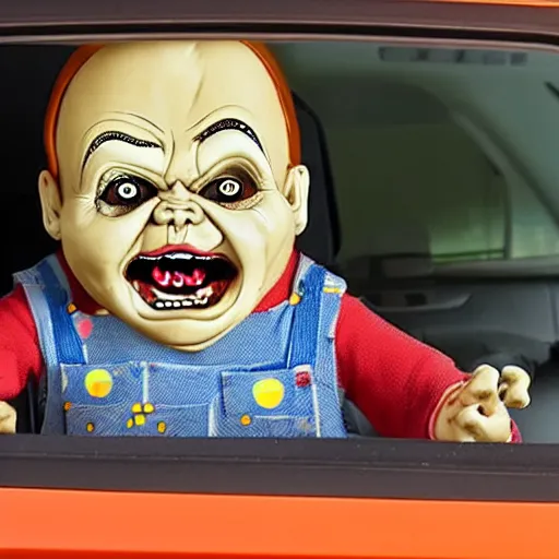 Image similar to middle aged screaming chucky doll driving to work in a minivan and stuck in gridlock traffic