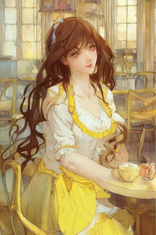 Image similar to A girl in a maid's outfit in a cafe a afternoon, wavy hair yellow theme,S line,45 angel by krenz cushart and mucha and slop and greg rutkowski