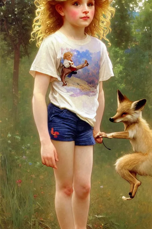 Image similar to a seven - year old with curly dirty blonde hair, blue eyes, tan skin a tee shirt and shorts, playing with foxes, painting by daniel gerhartz, alphonse mucha, bouguereau, detailed art, artstation