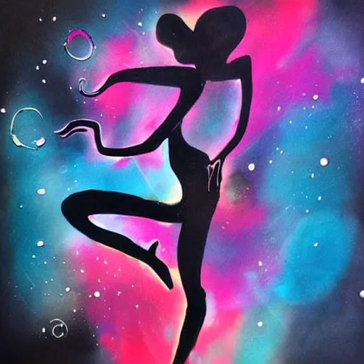 Prompt: abstract ink and acrylic painting, ink drawing shape of a dynamic dancing beautiful woman black silhouette!, pouring, sprays, nebulae colors, black dark blue purple and pink color scheme, curves, starfield, artstation, pinterest, more chaotic spread shapes