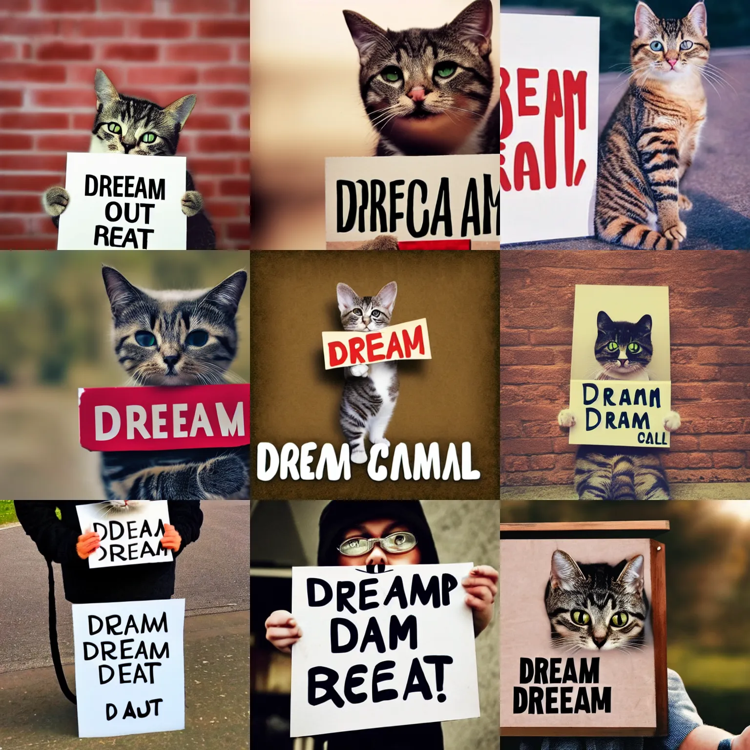 Image similar to realistic high quality photo of a cute cat holding a sign with text that reads : dream cat