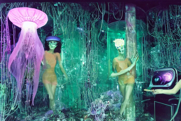 Image similar to closeup view of a mature female jellyfish human hybrid wearing discowear and visor shades, inside of an unlit 1950s luxury treehouse overflowing with vegetation with a soviet computer console and a single transparent wall that displays a scene of an NewYork subway station that is underwater, ektachrome photograph, volumetric lighting, 35mm f8 aperture