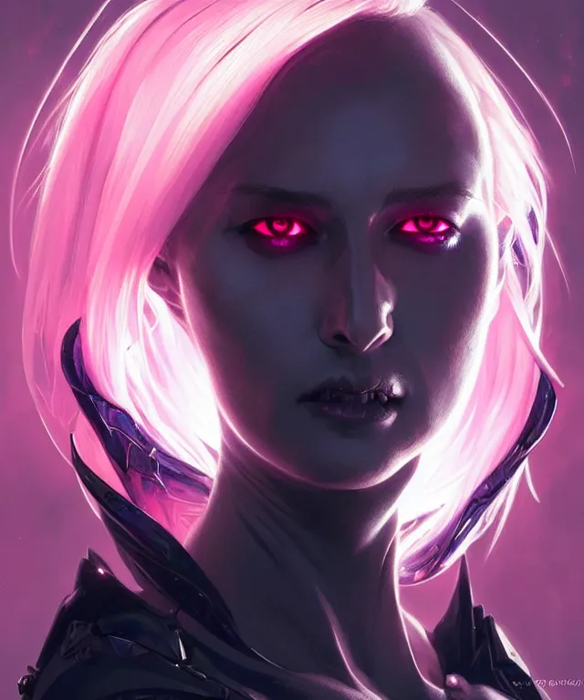 Image similar to futuristic vampire portrait, sci-fi, fire eyes, face, short pink hair, fantasy, intricate, elegant, highly detailed, digital painting, artstation, concept art, smooth, sharp focus, illustration, art by artgerm and greg rutkowski and alphonse mucha