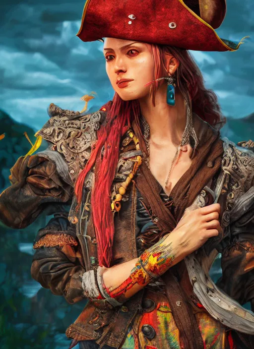 Image similar to detailed full body oil painting of a woman pirate in intricately colored clothing, octane render, sss, postprocessing, 4k, cinematic lighting, unreal engine, insanely detailed and intricate