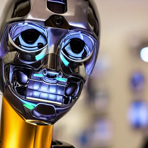 Image similar to photo of a robot who looks almost the same as a human in a store display hiding a dark secret, synthetic skin!!!, highly detailed face, expressive face, cyberpunk, year 3022, medium close-up, depth of field, ISO 300, aperture f11, 1/100 obturation speed