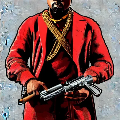 Image similar to kanye west in stephen bliss illustration red dead redemption 2 artwork of kanye west, in the style of red dead redemption 2 loading screen, by stephen bliss