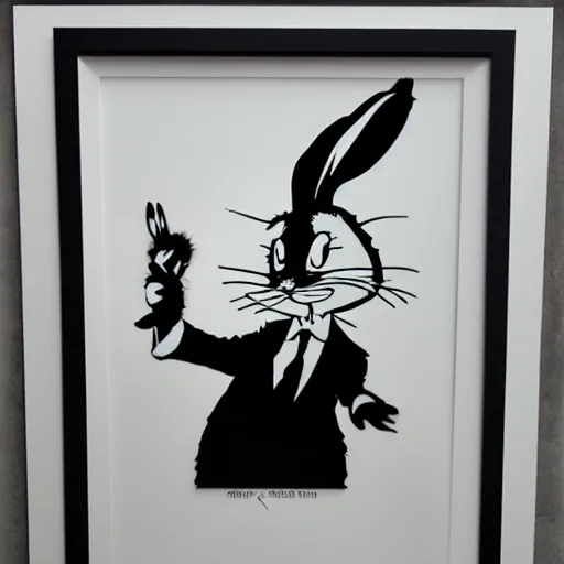 Prompt: individual furry bugs bunny silk screen portrait banksy style