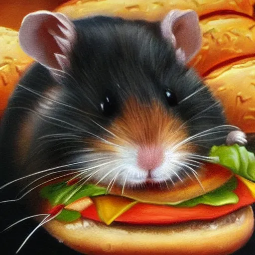 Prompt: a detailed oil painting of a hamster chewing on a giant hamburger