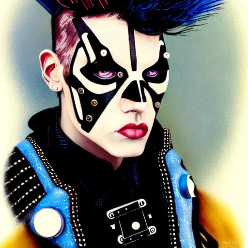 Image similar to an award finning and amazing portrait by akseli kallen gallela and john howe of a male cyberpunk punk rocker clothed in excessively fashionable 8 0 s haute couture fashion and wearing geometric face paint