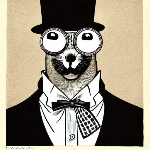 Prompt: a full portrait of a jaunty ferret with a monocle by edward gorey