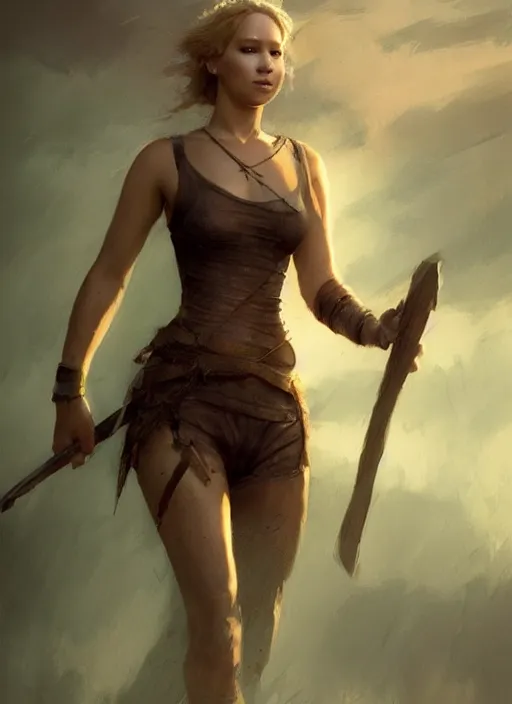 Image similar to hyper realistic photo of warrior princess jennifer lawrence full body, rule of thirds, conceptart, saturated colors, cinematic, greg rutkowski, brom, james gurney, mignola, craig mullins, artstation, cgsociety