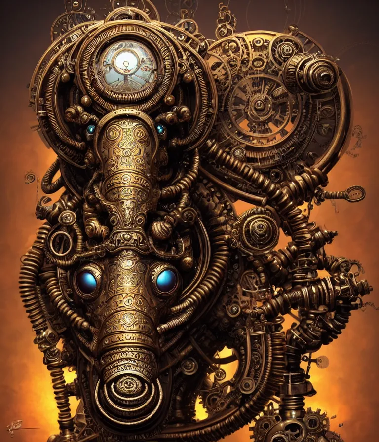 Prompt: steampunk cybernetic biomechanical ganesha, front facing, symmetric, 3 d model, very coherent symmetrical artwork, unreal engine realistic render, 8 k, micro detail, intricate, elegant, highly detailed, centered, digital painting, artstation, smooth, sharp focus, illustration, artgerm, tomasz alen kopera, wlop