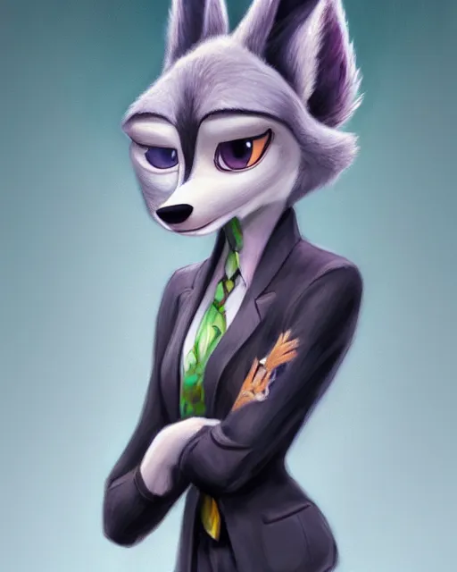 Image similar to oil painting of anthromorphic female wolf, in style of zootopia, zootopia, zootopia, fursona, furry, furaffinity, 4 k, deviantart, furry art, fursona art, wearing black business suit, business suit, in style of zootopia, wolf fursona, cyberpunk, female, expressive detailed feminine face,