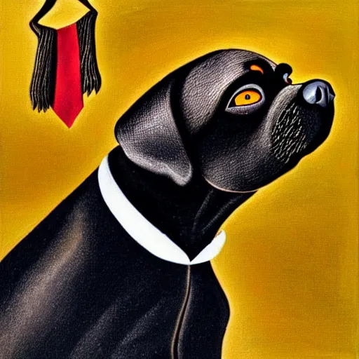 Image similar to a salvador dali portrait of black pugalier dog wearing suit and tie, surreal background, by salvador dali, trending on instagram, award winning details