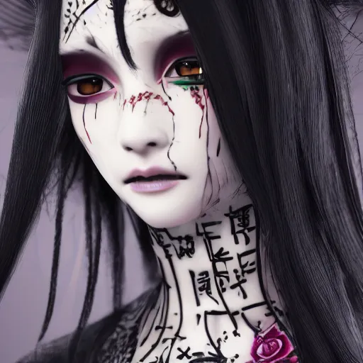 Image similar to japanese gothic model with maximalist hair style and kanji tattoos, dark colors, fashion model, portrait shot, depth of field, 8 k, hyper detailed, intricate, trending on artstation