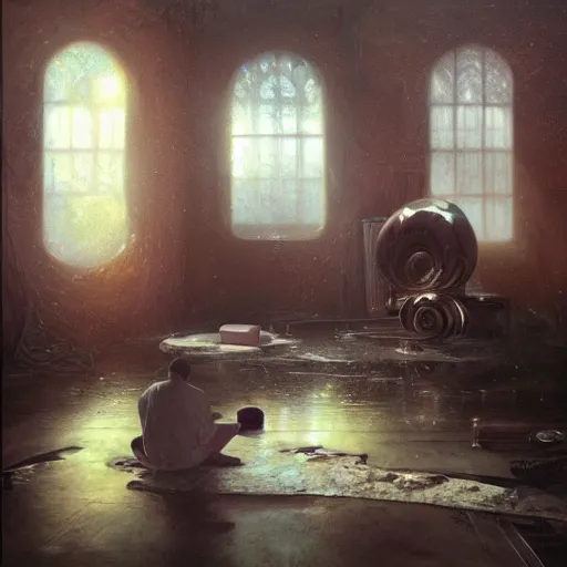 Image similar to an artist in his workshop discovering a strange alien otherworldly new form of matter, vivid caustics, realistic photography, beautiful interior, hyperrealism, incredible, award - winning photography, by greg rutkowski, lovecraftian