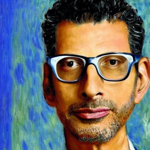 Prompt: Monet painting of a portrait of Jeff Goldblum, highly detailed, realistic,