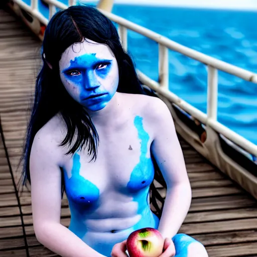 Image similar to a dnd Triton girl with blue skin and messy black hair sitting on the deck of a ship and holding an apple, a little blue-skinned girl with messy black hair sharp pointed ears freckles along the ridges of her cheeks, dnd triton, high resolution film still, 4k, HDR colors