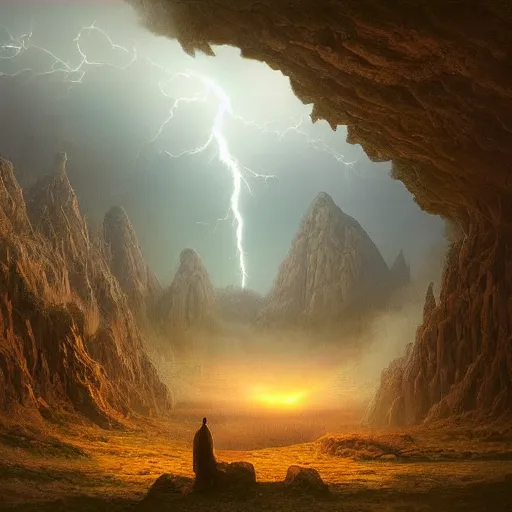 Prompt: a beautiful detailed realistic matte painting of a serene landscape with an eerie dark magic lightning portal to another dimension, by john howe and alexander skold and andreas rocha. vray, raytracing, detailed lighting, volumetric lighting, cinematic lighting, very wide shot, f 8