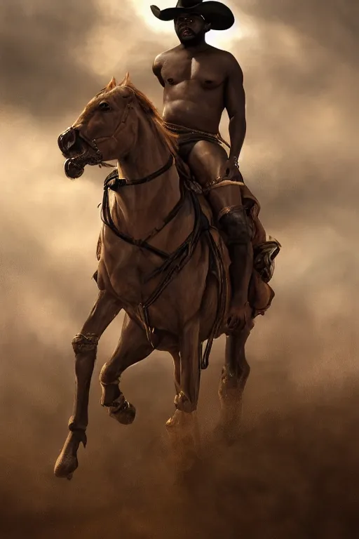 Prompt: a beautiful dramatic epic painting of a thicc beefy shirtless handsome!! black man | he is wearing a leather harness!! and cowboy hat | prairie setting, dust clouds | homoerotic, highly detailed, dramatic lighting | by Mark Maggiori, by William Herbert Dunton, by Charles Marion Russell | trending on artstation