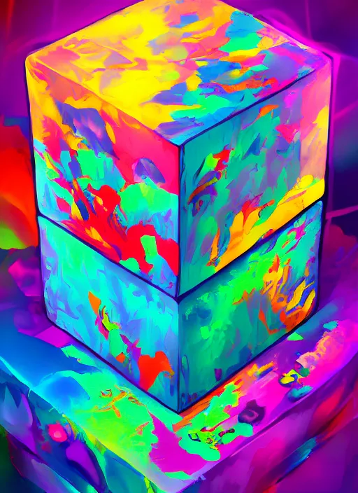 Image similar to a smooth cube being engulfed with extremely detailed splashes of colorful abstract paint, surreal, pascal blanche, artstation