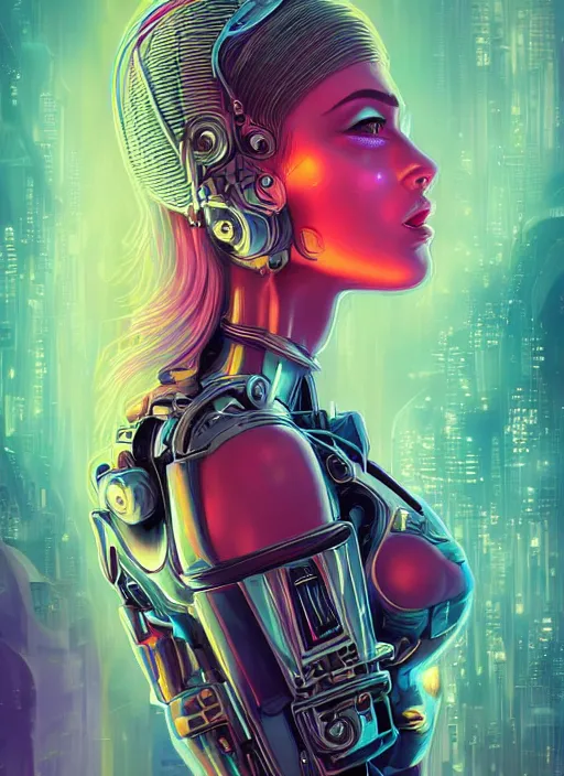 Prompt: beautiful young woman, extremely detailed gorgeous face, sad eyes, tears, cyberpunk, cybernetic, cyborg, sexy body and face, vaporwave aesthetic, synthwave, long luxurious gown, colorful, psychedelic, intricate, elegant, highly detailed, digital painting, artstation, concept art, smooth, sharp focus, illustration, art by artgerm and greg rutkowski and alphonse mucha