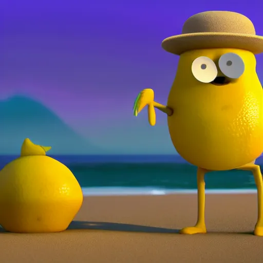 Image similar to 3 d octane render, of an anthropomorphic lemon character inspired by cartoon adventure time with lemon skin texture, it is wearing a hat, building a sandcastle on the beach at sunset, beach, huge waves, sun, clouds, long violet and green trees, rim light, cinematic photography, professional, sand, sandcastle, volumetric lightening